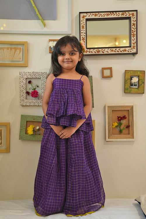 Lata girls ethnic wear top and lehenga skirt coord in purple handwoven checks