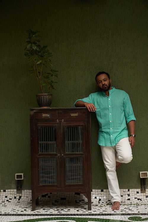 ‘Barefoot Boy’ mandarin collar hand block printed cotton men's full sleeve shirt in blue with white polka dots