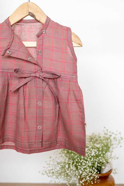 Big brown bear hug girls jhabla in warm sand and pink handwoven cotton checks