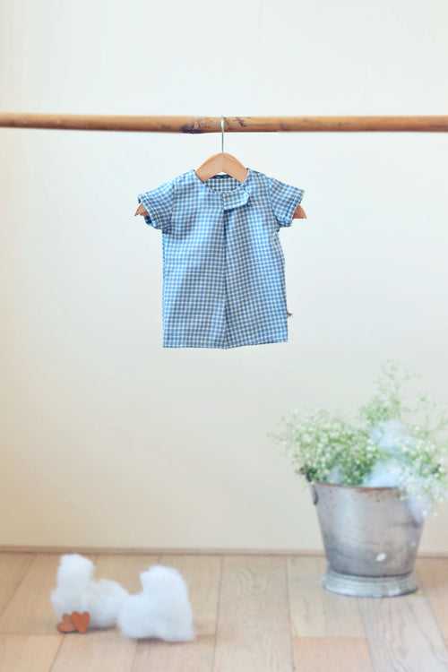 'Happy as a Clam' Big button Tee in Blue checks - Unisex (0-6 months)