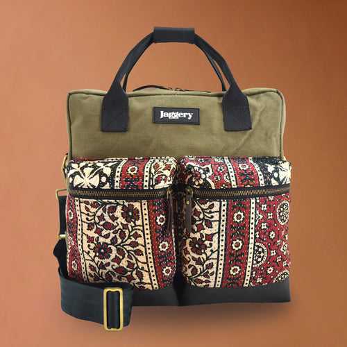 Punar Prayog Pilot's Everyday Bag in Ex-Army Olive Green Canvas, Kantha and Rescued Car Seat Belts [13" laptop bag]