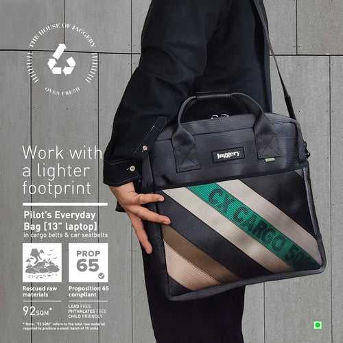 Heryana Pilot's Everyday Bag in Green Ex-Cargo Belts & Rescued Car Seat Belts [13" Laptop Bag]