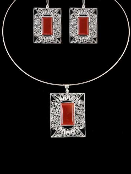 Red Agate Earrings and Pendant Set