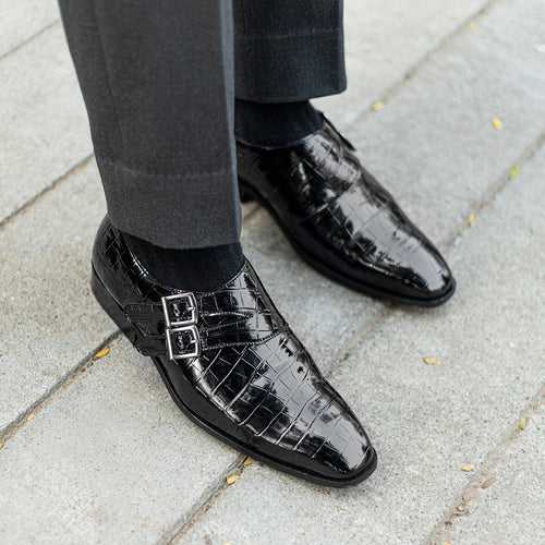 Patent monk straps with croco detail