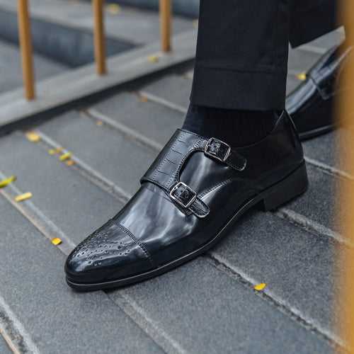 MONK STRAP WITH CROCO SHOES-BLACK