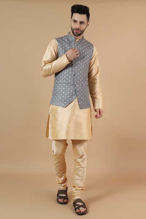 Digital Print Cotton Silk Gold Modi Nehru Jacket & Kurta pyjama Set