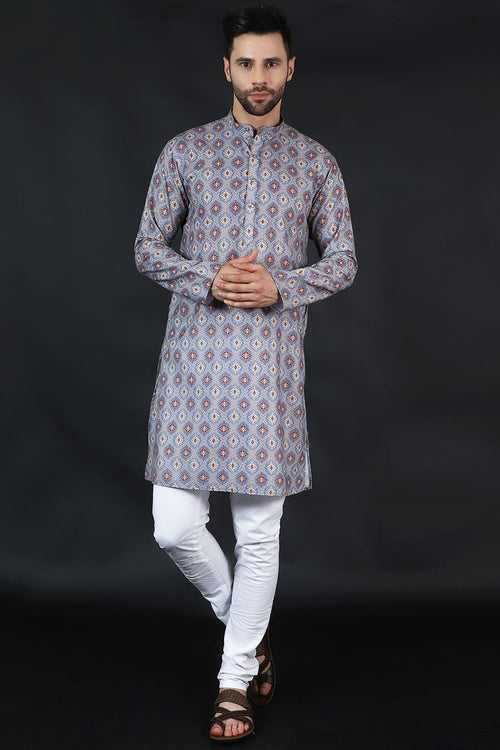 Digital Print Cotton Silk Grey Kurta Payjama