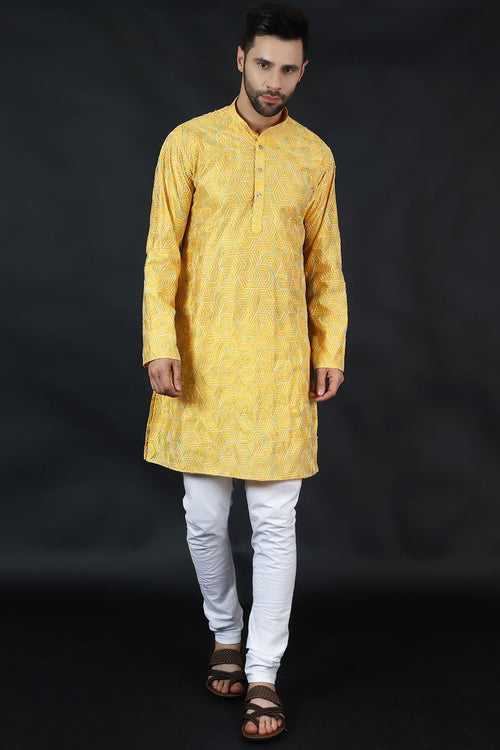 Digital Print Cotton Silk Yellow Kurta Payjama