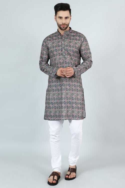 Digital Print Cotton Silk Grey Kurta Payjama