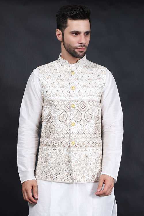 Cotton Silk Beige Modi Nehru Jacket