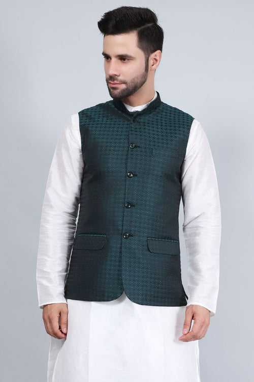 Poly Viscose (BY RAYMOND'S ETHNIC) Green Modi Nehru Jacket