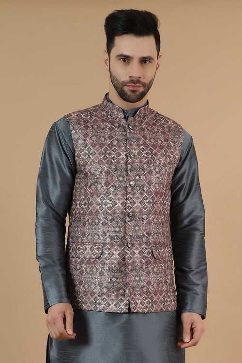 Digital Print Cotton Silk Brown Modi Nehru Jacket