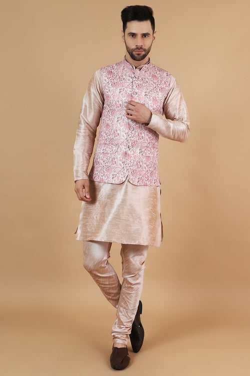 Digital Print Cotton Silk Pink Modi Nehru Jacket & Kurta pyjama Set