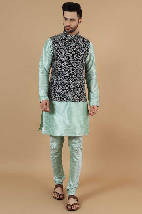 Digital Print Cotton Silk Green Modi Nehru Jacket & Kurta pyjama Set