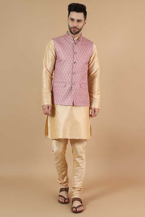 Digital Print Cotton Silk Gold Modi Nehru Jacket & Kurta pyjama Set