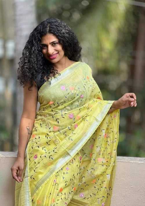 Bumblebee Yellow Pure Linen Sarees