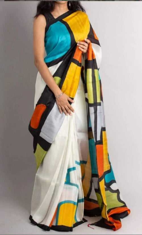 Hand Painted Pure Silk Mark Certified Murshidabad Silk Sarees