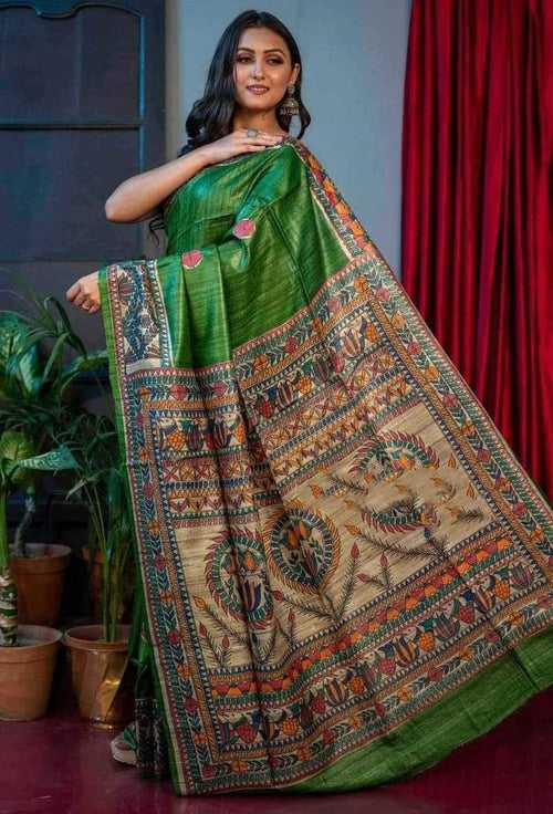 Green Printed Pure Silk Mark Certified Tussar Ghicha Silk Sarees (Copy) (Copy)