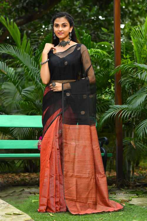 Yam Orange With Black Net Matka Silk Mark Certified Muslin Sarees