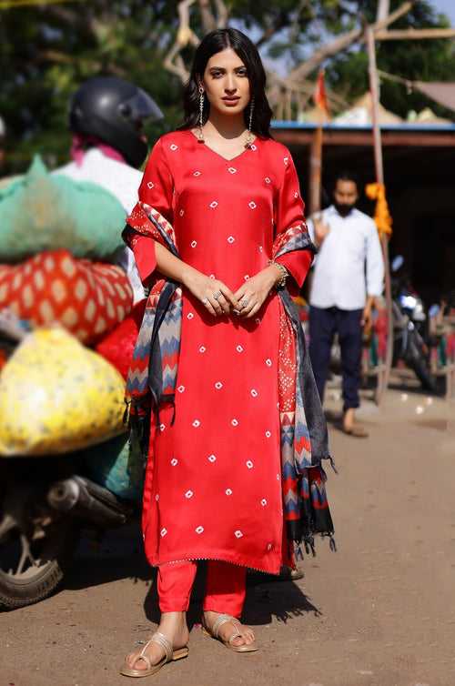 Red Bandhani High Slit Modal Satin Kurta