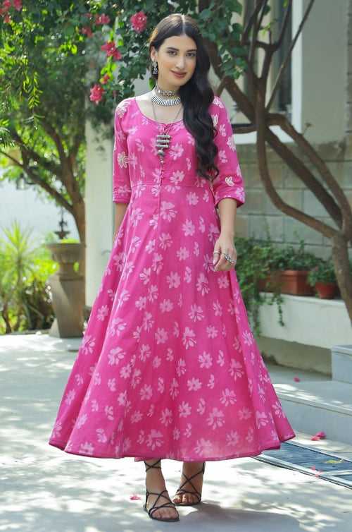 Pink Floral Dabu Fit & Flare Maxi Dress