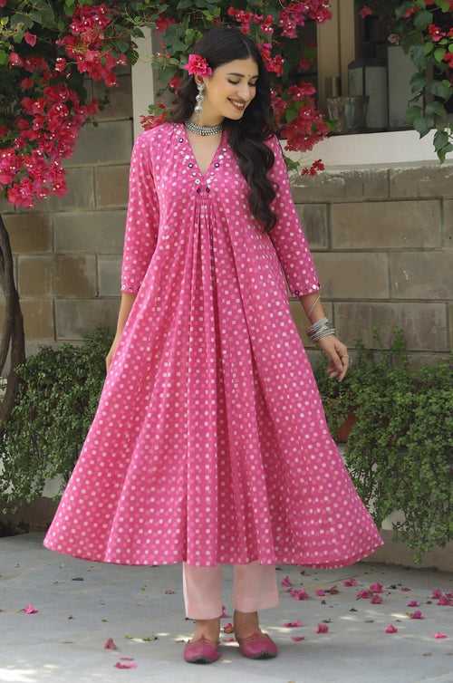 Pink Polka Dabu Print Kurta-Pant Set