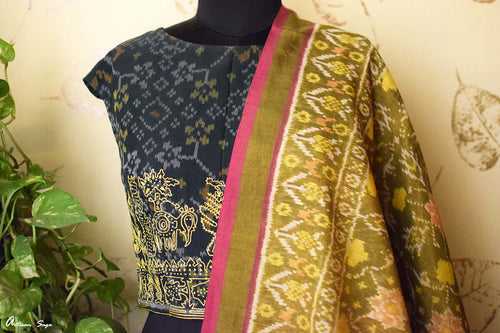 YELLOW FOREST : AN ARTSY STATEMENT  COTTON IKAT BLOUSE WITH HAND EMBROIDERY IN RESHAM