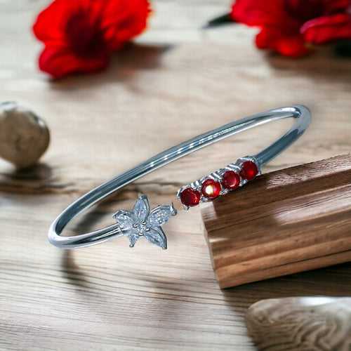 925 Sterling Silver Floral Design Red CZ Bangle For Women