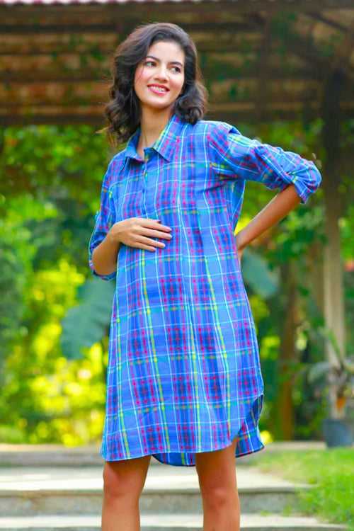 Pretty Blue Checks Maternity & Nursing Shirt Dress