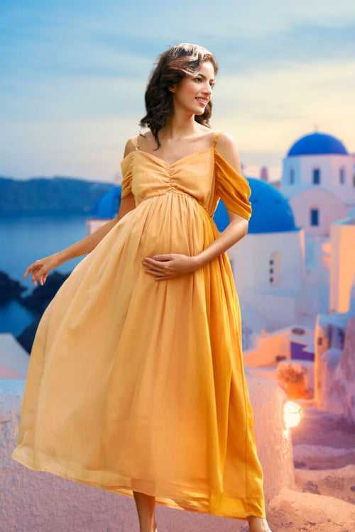 Luxe Appealing Golden Off-Shoulder Maternity Photoshoot Gown