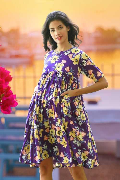 Purple Blossom Maternity & Nursing Layered Knee Dress