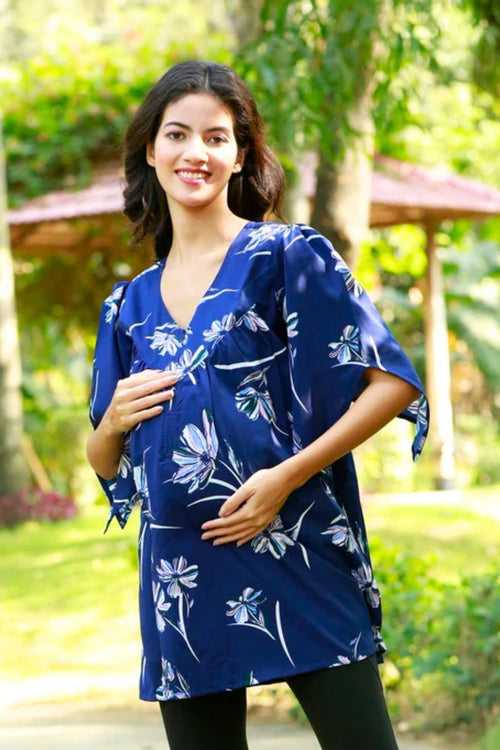 Serene Navy Blue Gathered Maternity & Nursing Top