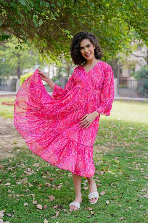 Rose Pink Paisley Maternity & Nursing Midi Wrap Dress