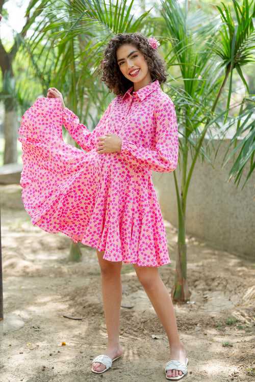 Forever Blush Pink Blossom Maternity & Nursing Shirt Dress (100% Cotton)
