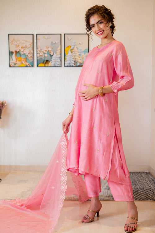 Luxe Chanderi Rose Pink Embroidered Maternity & Nursing Kurta + Bump Band Bottom + Dupatta (3 Pc)