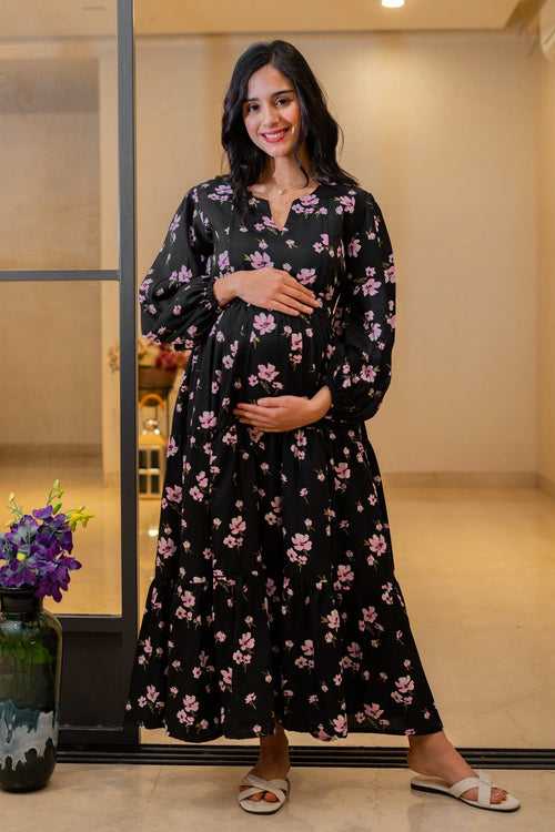 Eden Classic Black Bloom Maternity & Nursing Layered Dress