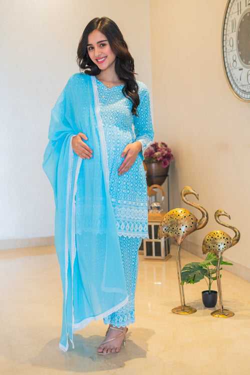 Exclusive Sea Blue Maternity & Nursing Peplum Kurta + Bump Band Bottom + Dupatta (3 Pc) (100% Cotton)