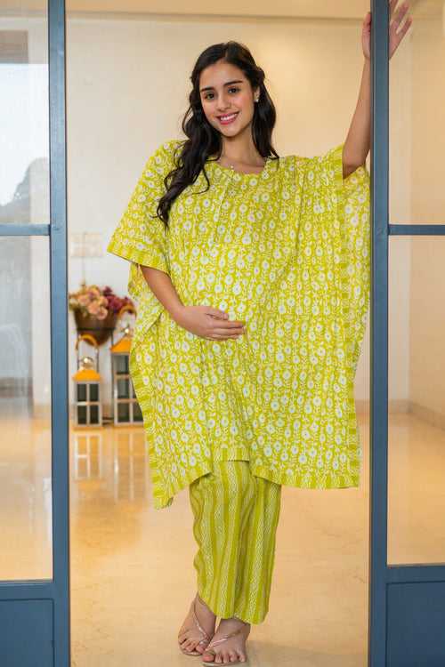 Beautiful Lime Green Maternity & Nursing Kaftan Coord Set (100% Cotton) (2 pc)