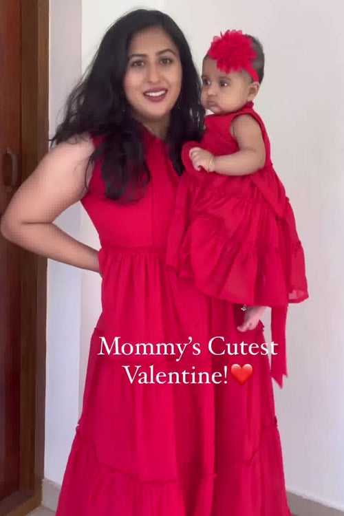 Mini Me (Mother-Daughter) Candy Red Maternity & Nursing Concealed Zips Frill Dress (Set Of 2)