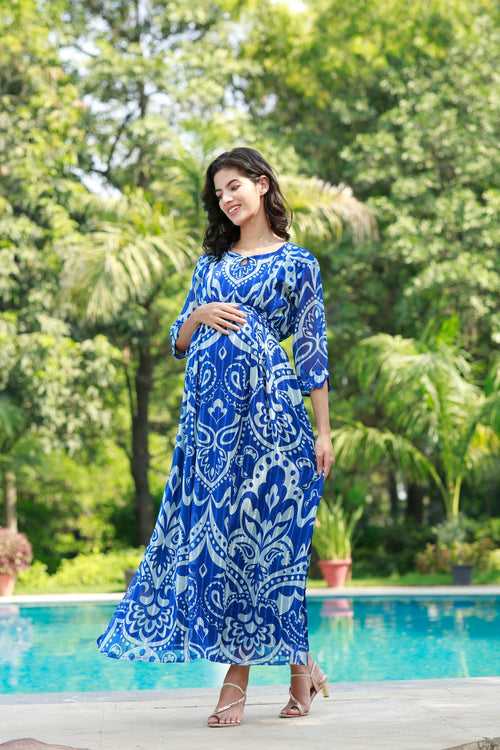 Azure Paisley Art Slit Concealed Zips Maternity & Nursing Dress