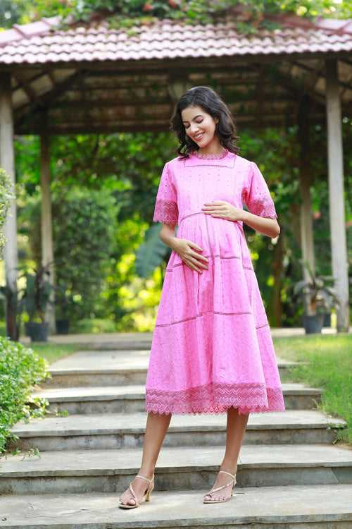 Victoria Blush Pink Maternity & Nursing Dress (100% Cotton)