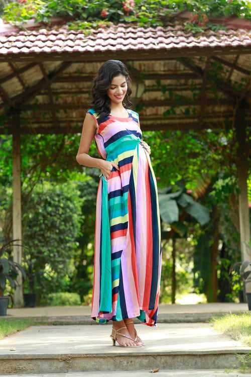 Jolly Colorful Striped Maternity & Nursing Dress