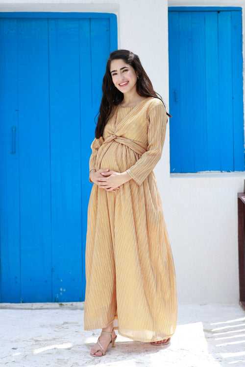 Luxe Golden Shimmery Maternity Knot Dress