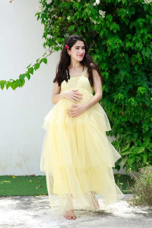 Dazzling Pastel Yellow Maternity Off-Shoulder Layered Dress
