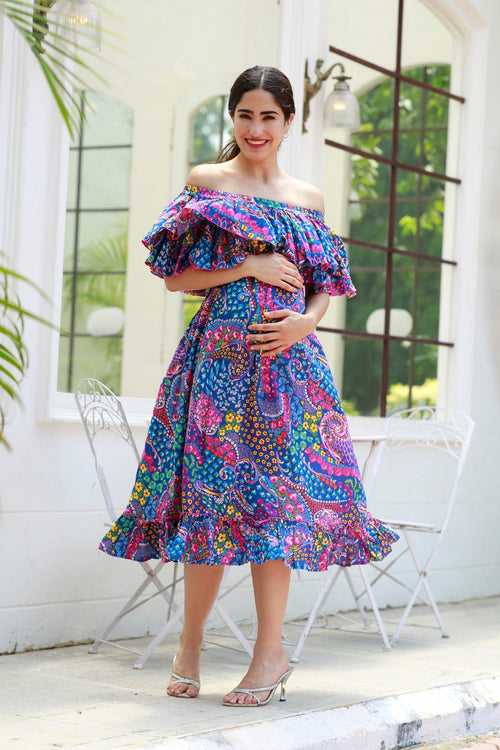 Cheery Colorful Blue Off-Shoulder Maternity Frill Dress