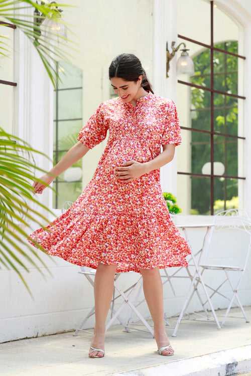 Carrot Punch Floral Maternity & Nursing Frill Shirt Dress