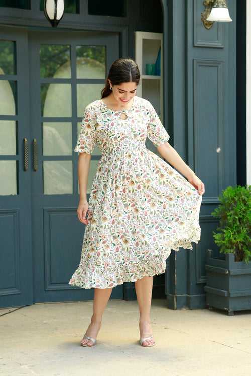 Angelic Floral Concealed Zips Maternity & Nursing Dress