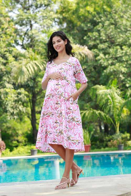Peppy Pink Floral Shoulder Snap Maternity & Nursing Dress