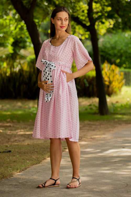 Pastel Pink Polka Maternity and Front Button Nursing Swing Dress