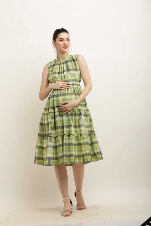 Paradise Olive Green Maternity & Nursing Concealed Zips Frill Dress